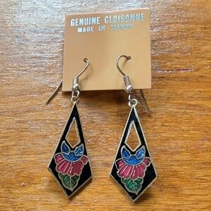 Vintage Cloisonné Floral Drop Earrings - Black and Multicolor